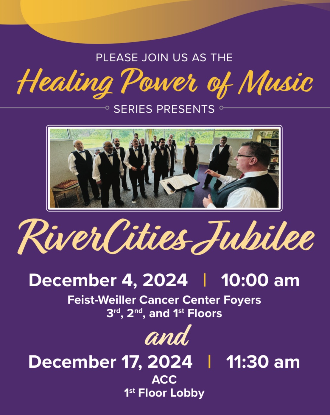 Please join us as the Healing Power of Music Series presents River Cities Jubilee • December 4, 2024 @ 10:00 am Feist-weiller Cancer Center Foyers on third, second, and first floors • December 17, 2024 @ 11:30 at the Ambulatory Care Center, first floor lobby.(this event)