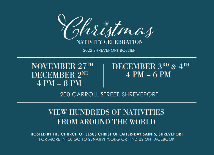 Christmas Nativity Celebration 2022 Shreveport-Bossier • November 27 & December 2 @ 4–8pm • December 3 & 4 at 4–6pm followed by Christmas musical performances.
